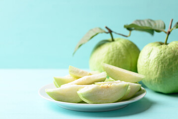 Sliced Guava fruit on plate, Tropical high vitamin C fruit, Healthy eating