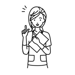 立って書類を手に持って何かひらめいた看護師の女性