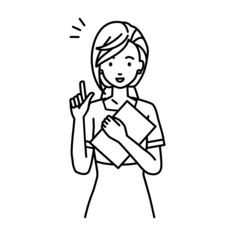 立って書類を手に持って何かひらめいたエステ店員・受付・接客係の女性