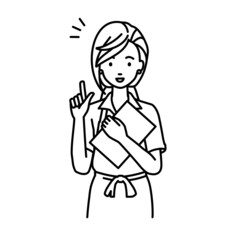 立って書類を手に持って何かひらめいたカフェ店員の女性