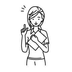 立って書類を手に持って何かひらめいたポロシャツの女性