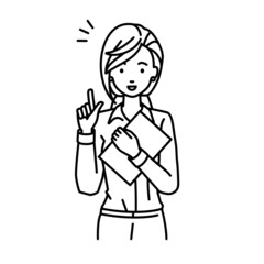 立って書類を手に持って何かひらめいたブラウスの女性