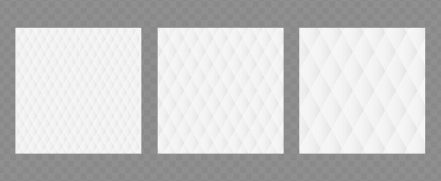 Fabric, paper, cardboard or mattress texture with rhombs. Vector abstract white geometric pattern for your design. Background template set