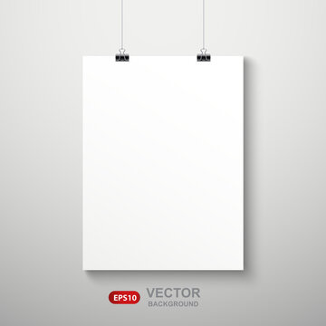 Vertical realistic poster mockup with sheet of paper A4 on a rope. Vector background EPS10