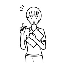 立って書類を手に持って何かひらめいたポロシャツの女性