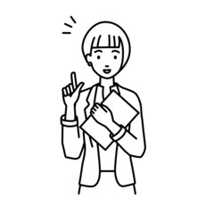 立って書類を手に持って何かひらめいたジャケットの女性