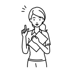 立って書類を手に持って何かひらめいたポロシャツの女性