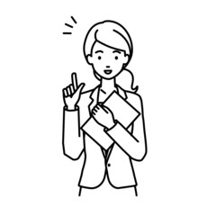 立って書類を手に持って何かひらめいたスーツの女性