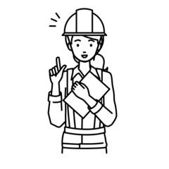 立って書類を手に持って何かひらめいた工事現場の女性