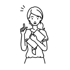 立って書類を手に持って何かひらめいたオフィスカジュアルの女性