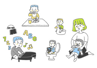育児、子供の成長に関するイラストセット　　コミカルな手書きの人物　ベクター、線画にシンプルな色つけ　