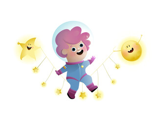 Cosmonaut girl swinging with stars, sun and star holding the swing. Outer space adventure and dreams clipart on white background with cute space girl. Vector illustration for kids, watercolor style.