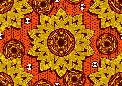 Seamless Pattern Of African Textile Art, Sunflower Circle Abstract Image And Background, Fashion Artwork For Print, Vector File Eps10.