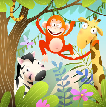 Funny wild animals group in Jungle landscape, giraffe zebra and monkey cute animals cartoon for kids in the tropical forest or savanna. Vertical playful zoo vector illustration for children.