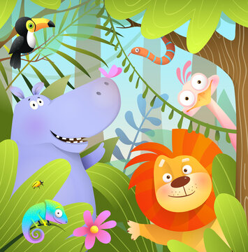 Funny wild African animals in Jungle forest, lion hippo zebra snake and toucan cute animals cartoon for kids in the tropical forest or savanna. Playful zoo scenery vector illustration for children.