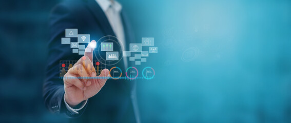 Businessman pointing arrow graph growth and financial network connection, analyzing report data to increase sales and revenue profit to achieve business investment goal in global economic situation.