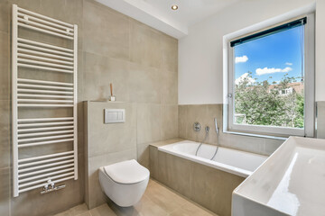Naklejka na ściany i meble Luxury interior design of a bathroom with marble wallsw