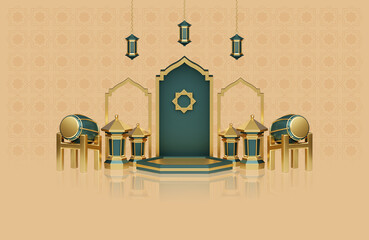 Ramadan Kareem Islamic Greetings background with realistic 3d Islamic decorative objects, empty podium, traditional drum and mosque ornaments - 3D rendering