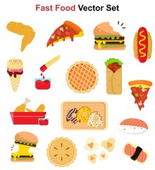 Vector illustration of fast food collection for menu and background, advertisement, restaurant and business concept