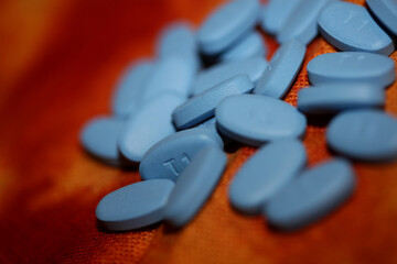 Blue medical pills close up background high quality big size print