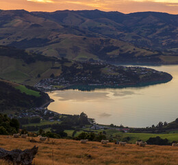 Early Autumn sunrise over Akaroa Harbour, New Zealand