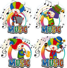 Set happy clown playing musical instruments with music notes on white background