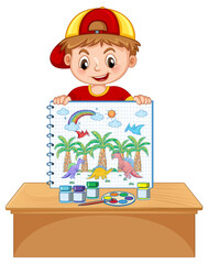 A boy holding notebook with a doodle sketch design on white background