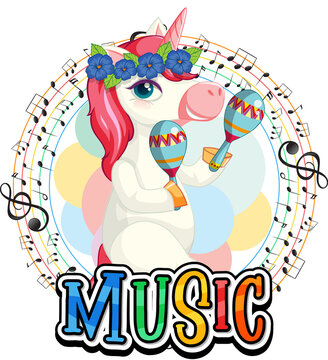 Cute pink unicorn shaking maracas with music notes on white background.