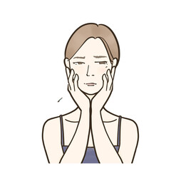 頬に手を当て不安な表情の女性のイラスト