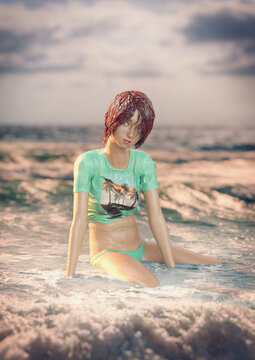 A 3d digital rendering of a young girl wearing a wet swimsuit sitting in the ocean.