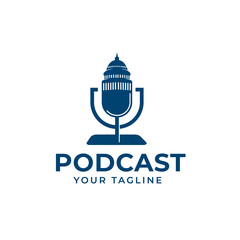 Podcast Logo United States Capitol building icon in Washington DC, podcast microphone forming a city silhouette illustration