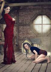 Fototapeta premium A 3d digital rendering of a woman wearing a long red gown, and a girl kneeling on the floor, in a dusty attic looking at the viewer.