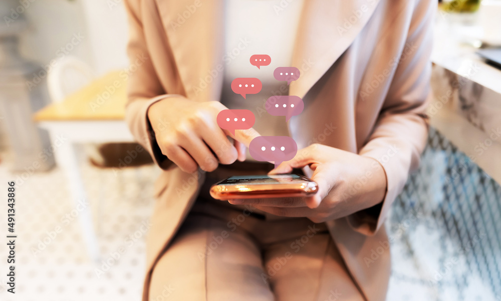 Poster woman using mobile smart phone. online message live chat on application communication digital media 