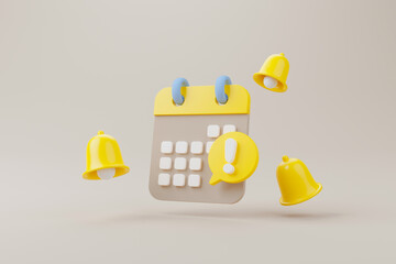 Yellow notification bell ringing and calendar deadline on brown background. 3d rendering illustration - obrazy, fototapety, plakaty