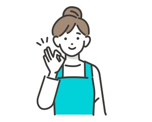 OKマークをするエプロンを付けた主婦(保育士、家事代行)のベクターイラスト素材／家事／セット