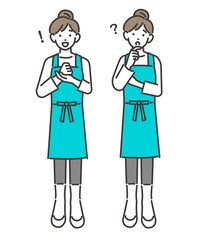 疑問に思ったり解決するエプロンを付けた主婦(保育士、家事代行)のベクターイラスト素材／家事／セット