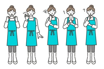 いろいろな表情やポーズをとる、エプロンを付けた主婦(保育士、家事代行)のベクターイラスト素材／家事／セット