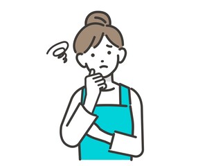 悩み事があるエプロンを付けた主婦(保育士、家事代行)のベクターイラスト素材／家事／セット