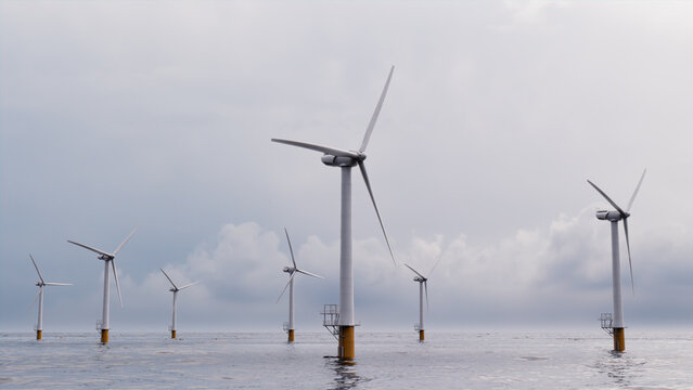 Wind Power. Offshore Wind Turbines on an Overcast Morning. Sustainable Energy Concept.