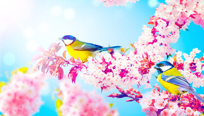 Great tit sitting on a tree branch in spring weather