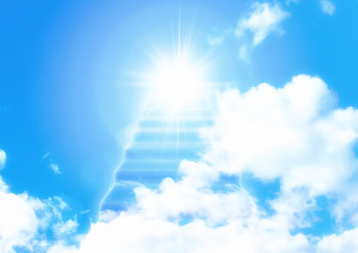 青空と光の階段のイラスト背景 © k_yu