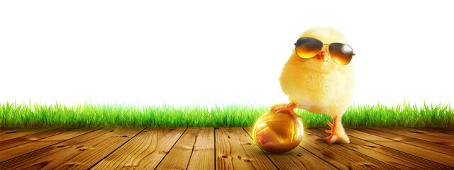 Funny cute baby chick with sunglasses and egg.