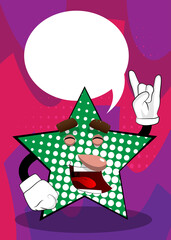 Star with hands in rocker pose. Funny and cute cartoon character, with anthropomorphic face.