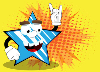 Star with hands in rocker pose. Funny and cute cartoon character, with anthropomorphic face.