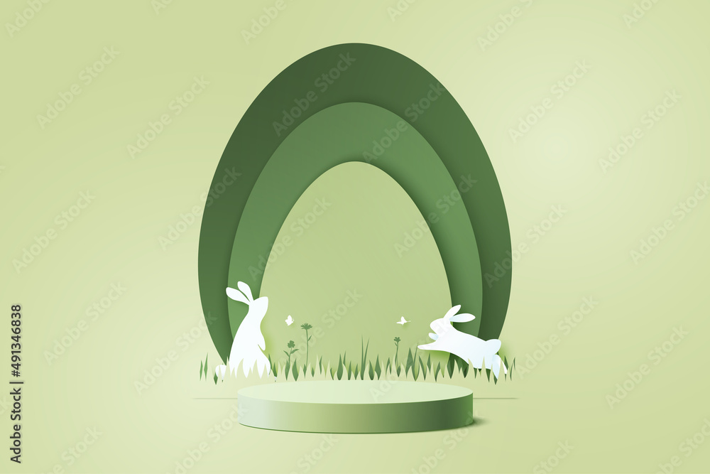 Aufkleber happy easter background.paper art of easter eggs and rabbit with egg shape.product display podium mo