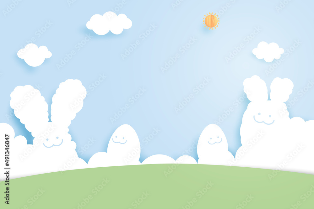 Poster happy easter background.paper art of easter eggs and rabbit with cloud shape on blue sky background.