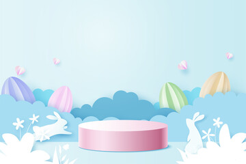Happy Easter background.Paper art of easter eggs and rabbit with cloud on blue sky background.Product display podium mockup, Banner template design.Vector illustration.