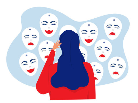 woman confusing  with masks happy or sad expressions.Bipolar disorder; fake faces and emotions. Psychology; false behavior or deceiver.vector illustrator