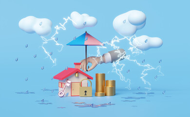 house with businessman hands holding umbrella, coins, keys, cloud, drop rain water, thunder isolated on blue background. protection and security concept, 3d illustration, 3d render