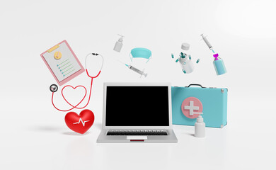first aid kit bag with laptop computer, check list, stethoscope, syringe, red heart isolated on white background. health love or world heart day concept, 3d illustration, 3d render